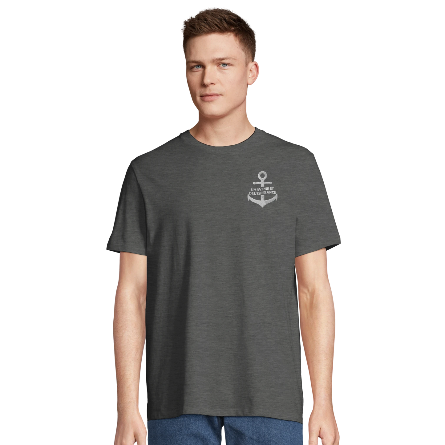 T-shirt chrétien homme brodé en coton bio « Jérémie 29:11 » gris chiné face