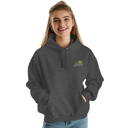 Sweat à capuche chrétien femme brodé « Jésus est Roi » charbon face