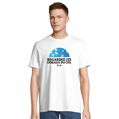 T-shirt chrétien homme en coton bio « Matthieu 6:26 » blanc face