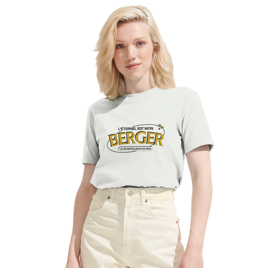 T-shirt chrétien femme en coton bio « Psaume 23:1 » blanc face