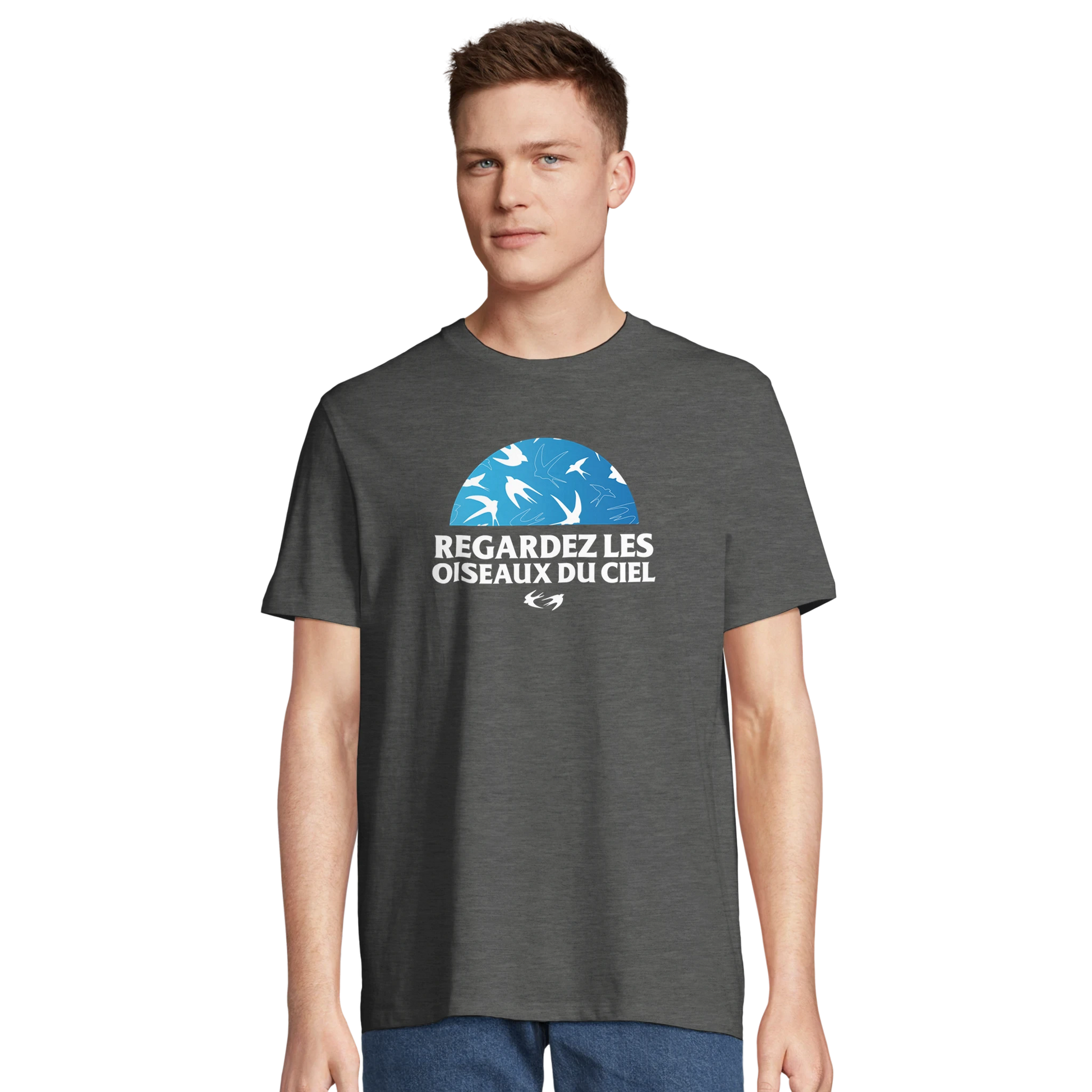 T-shirt chrétien homme en coton bio « Matthieu 6:26 » gris chiné face