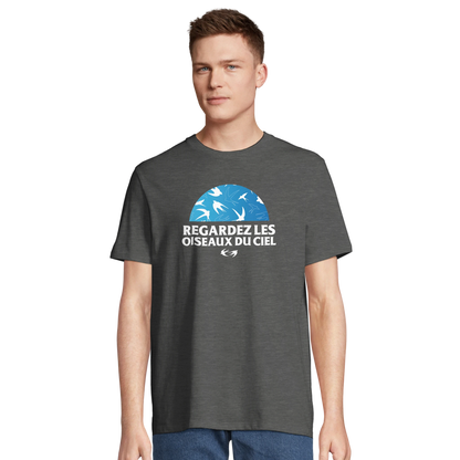 T-shirt chrétien homme en coton bio « Matthieu 6:26 » gris chiné face