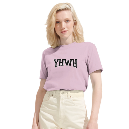 T-shirt chrétien femme en coton bio « YHWH » rose face
