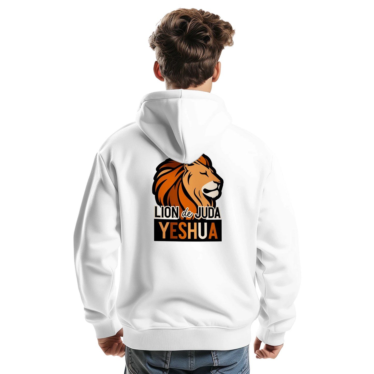 Sweat à capuche chrétien homme « Yeshua Lion de Juda » blanc dos