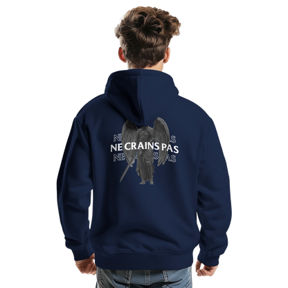Sweat à capuche chrétien homme « Esaïe 41:10 » bleu marine dos