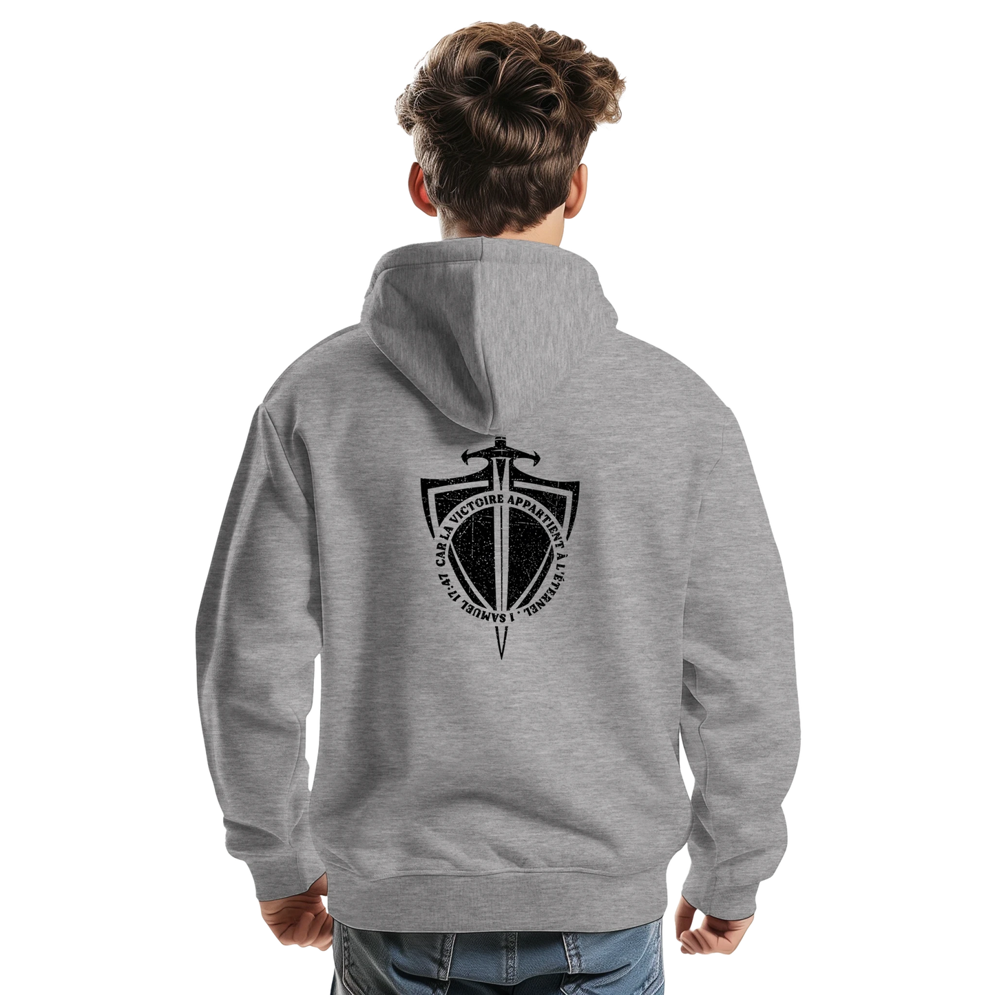 Sweat à capuche chrétien homme « 1 Samuel 17:47 » gris chiné dos