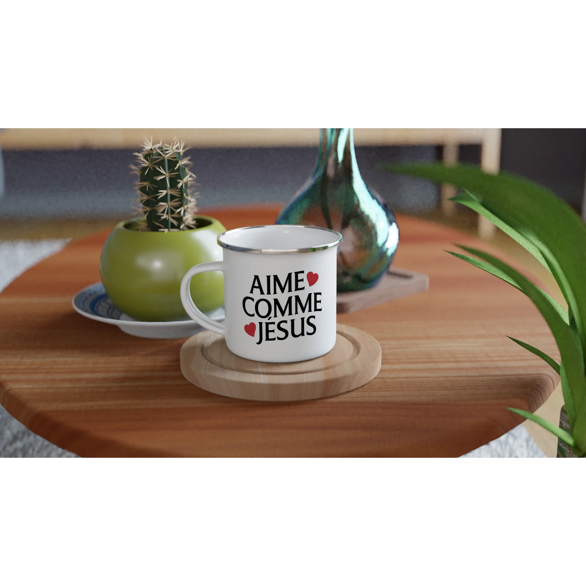 Mug chrétien en émail « Aime comme Jésus » table