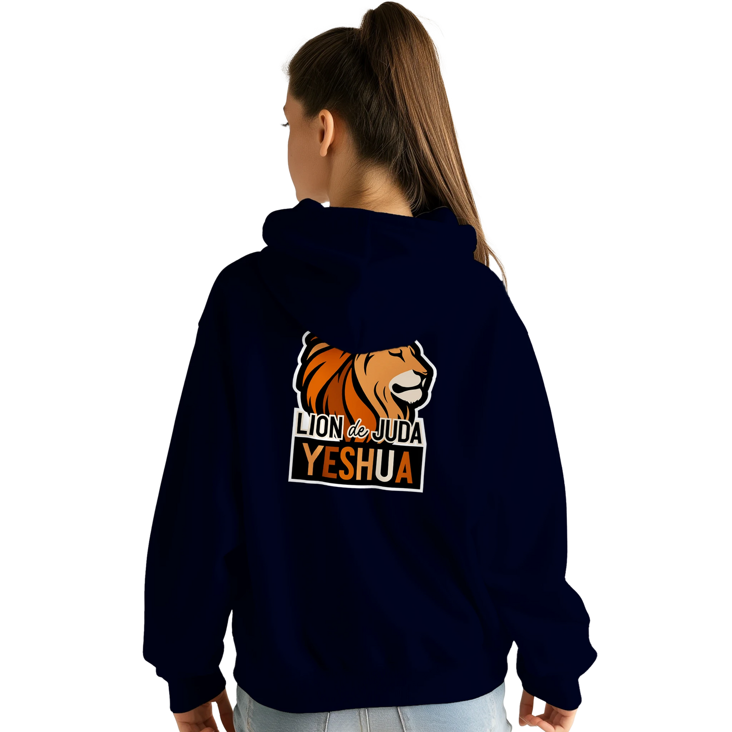 Sweat à capuche chrétien femme « Yeshua Lion de Juda » bleu marine dos