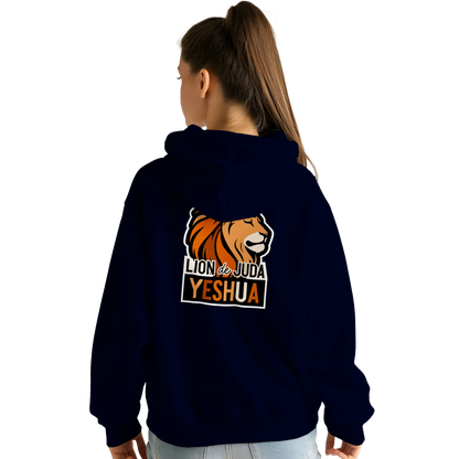 Sweat à capuche chrétien femme « Yeshua Lion de Juda » bleu marine dos