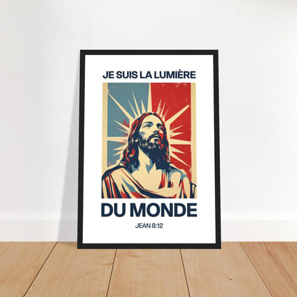 Poster chrétien premium encadré « Jean 8:12 » plan rapproché A3 cadre noir