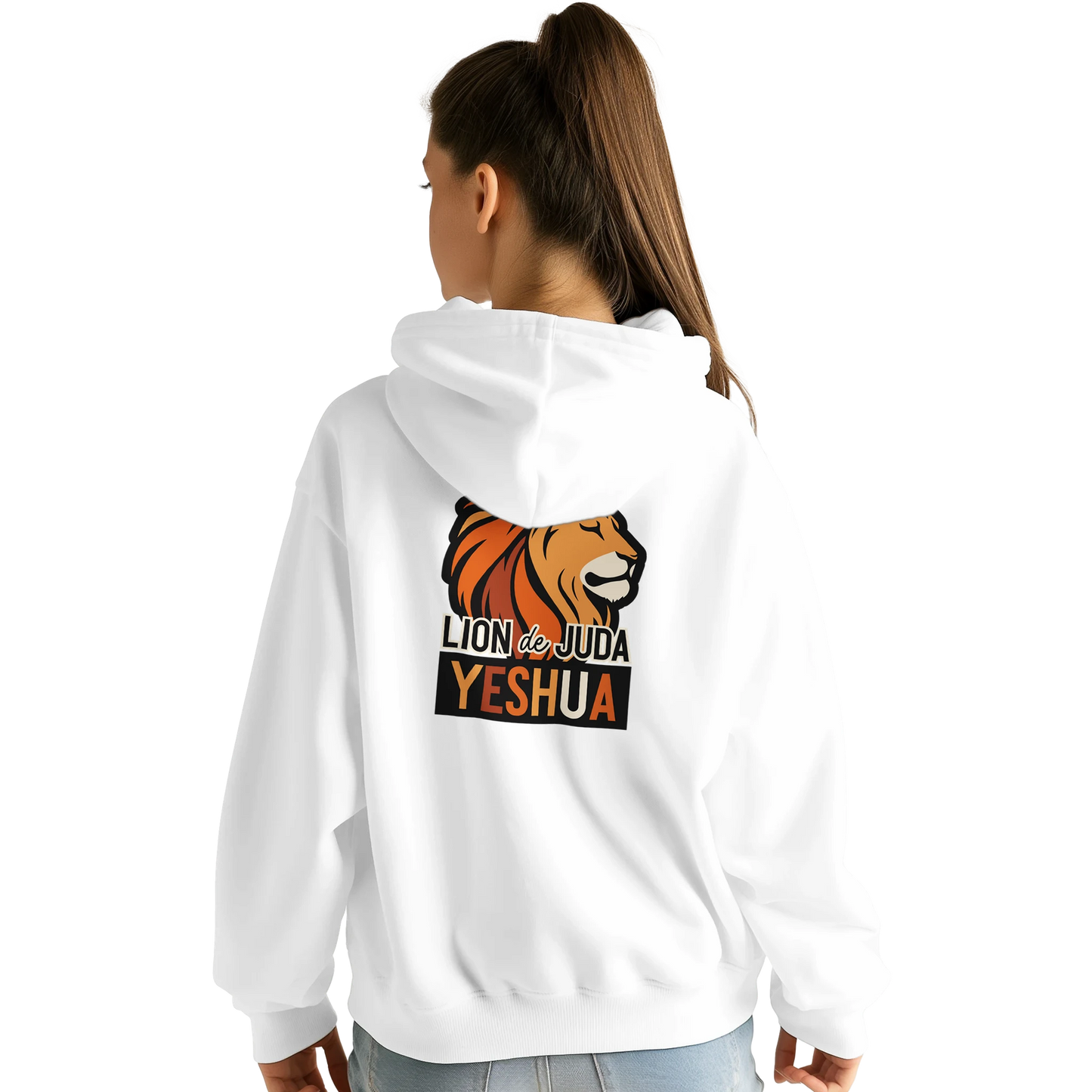 Sweat à capuche chrétien femme « Yeshua Lion de Juda » blanc dos