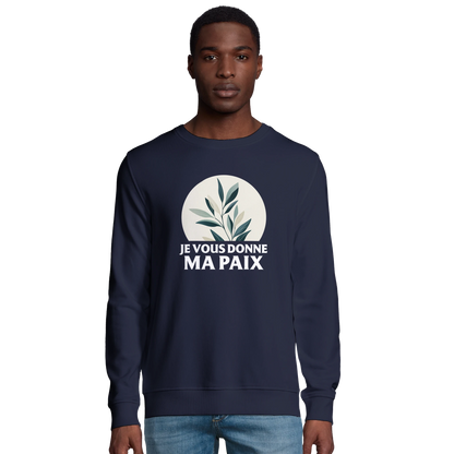 Sweat-shirt chrétien homme en coton bio « Jean 14:27 » bleu marine face