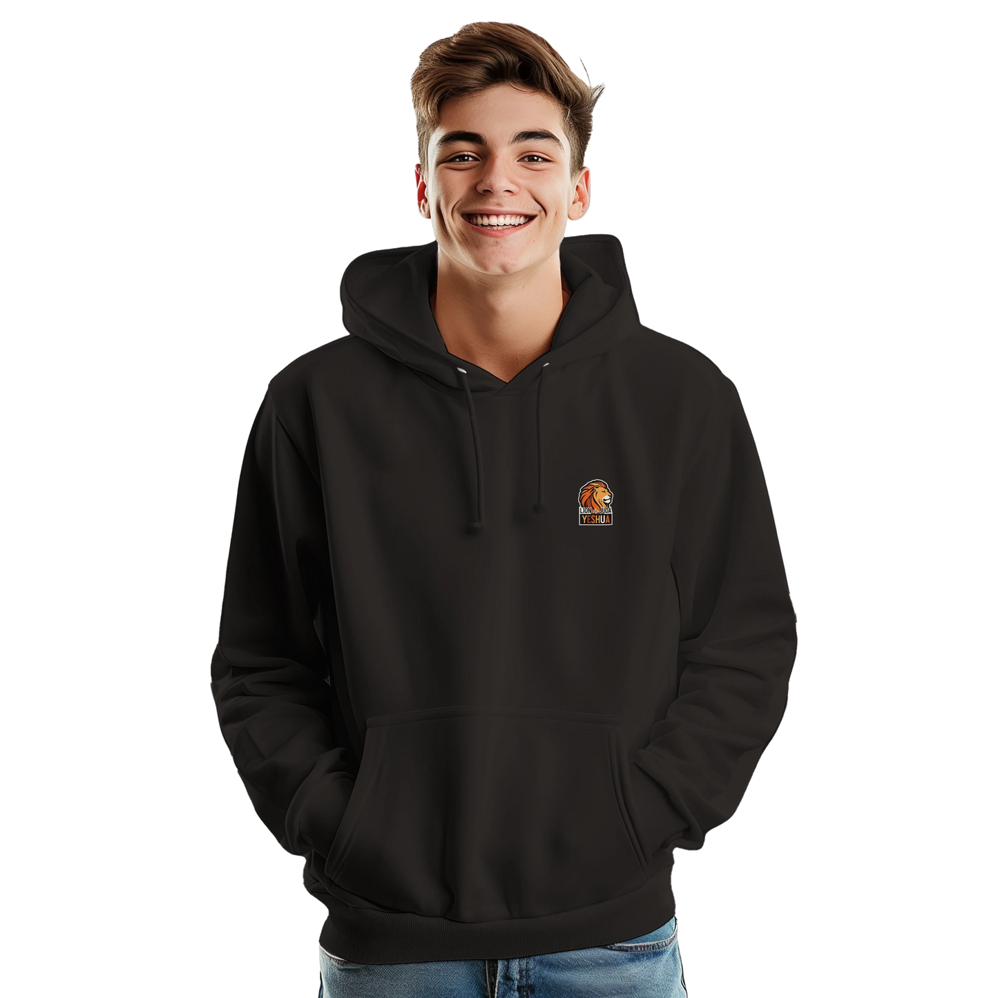 Sweat à capuche chrétien homme « Yeshua Lion de Juda » noir face