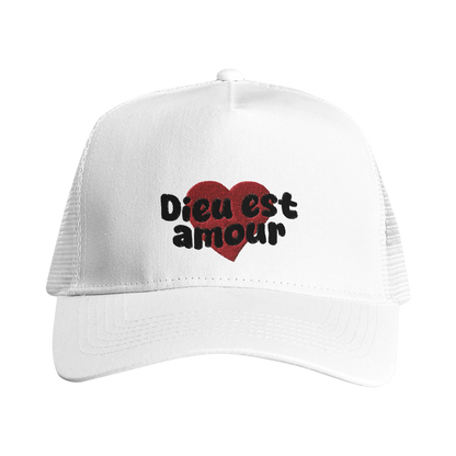 Casquette chrétienne Trucker Snapback « Dieu est amour » Blanche face avant