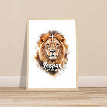 Poster chrétien premium encadré « Yeshua Lion de Juda » plan rapproché A3 cadre bois