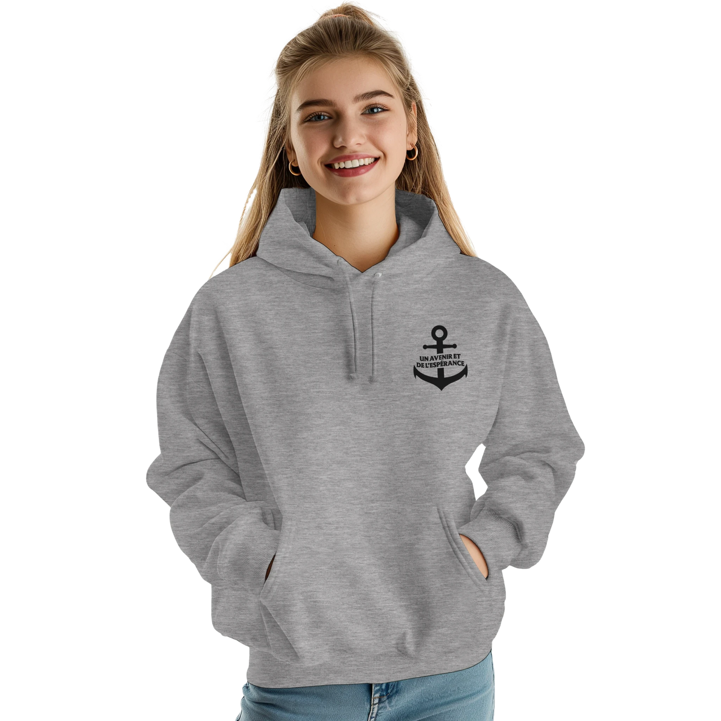 Sweat à capuche chrétien femme brodé « Jérémie 29:11 » gris chiné face