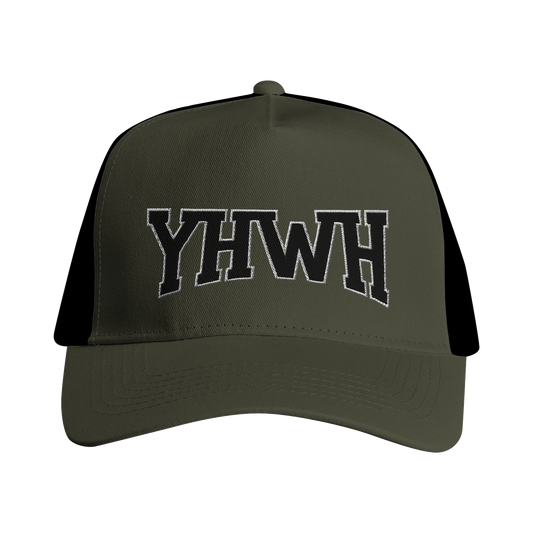 Casquette chrétienne Trucker Snapback « YHWH » Olive et noir face avant