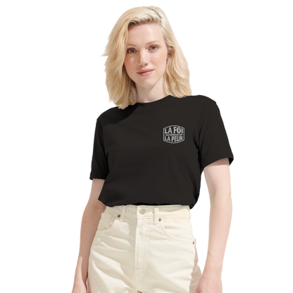 T-shirt chrétien femme brodé en coton bio « 2 Timothée 1:7 » noir face