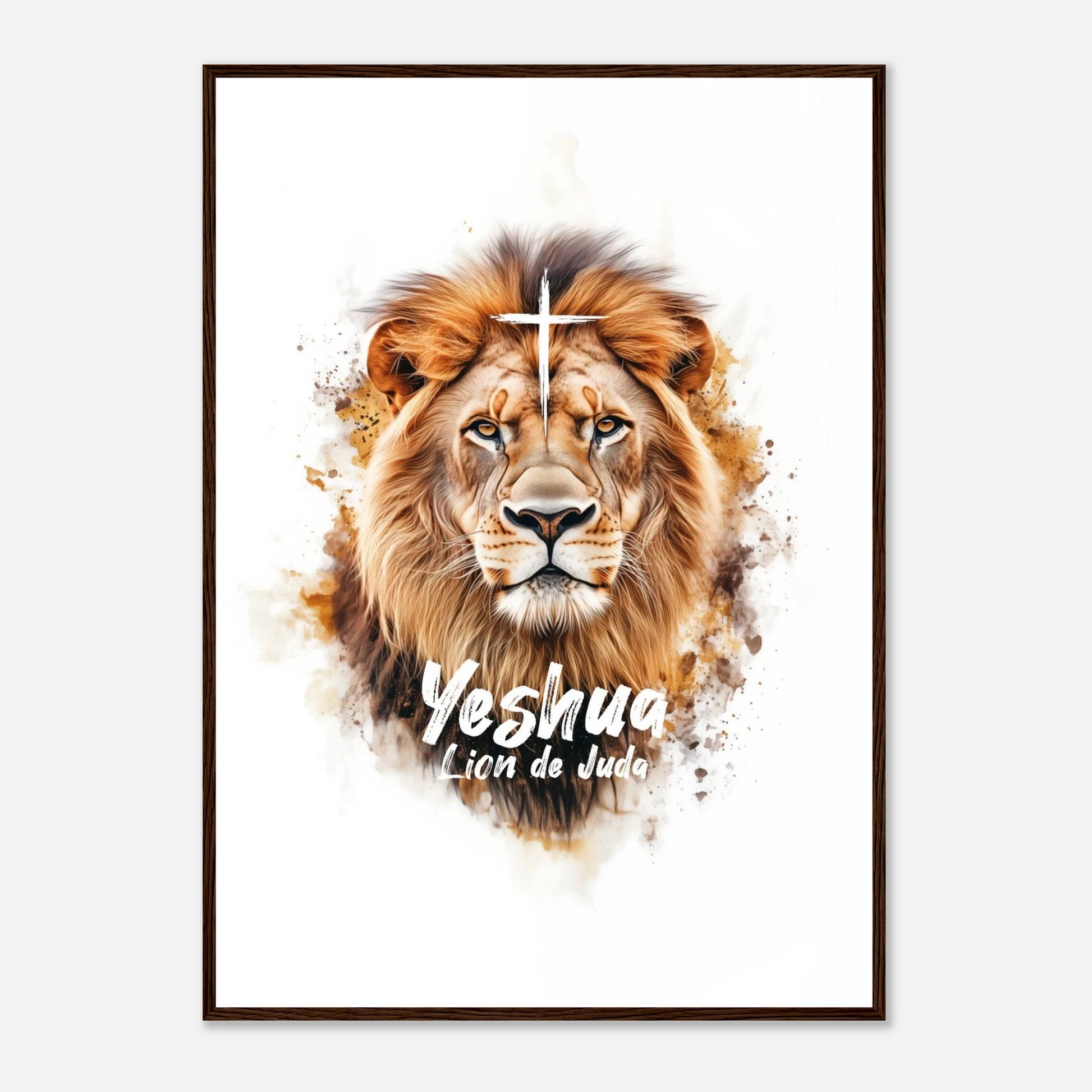 Poster chrétien premium encadré « Yeshua Lion de Juda » présentation A1 cadre bois foncé