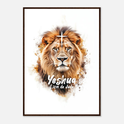 Poster chrétien premium encadré « Yeshua Lion de Juda » présentation A1 cadre bois foncé