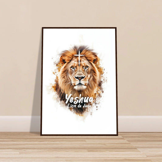 Poster chrétien premium encadré « Yeshua Lion de Juda » plan rapproché A1 cadre bois foncé