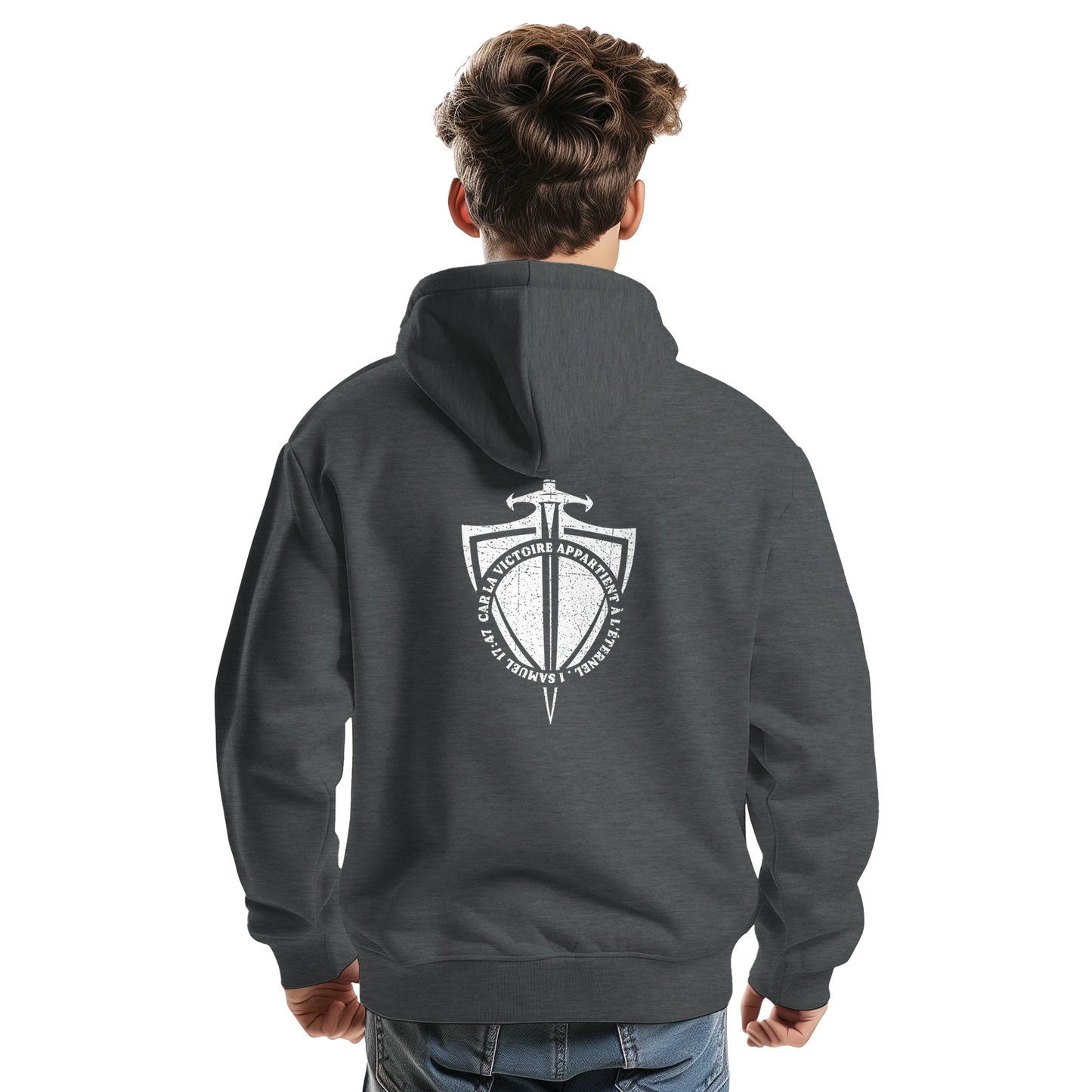 Sweat à capuche chrétien homme « 1 Samuel 17:47 » charbon dos