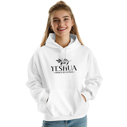 Sweat à capuche chrétien femme « Yeshua Prince de la Paix » blanc face