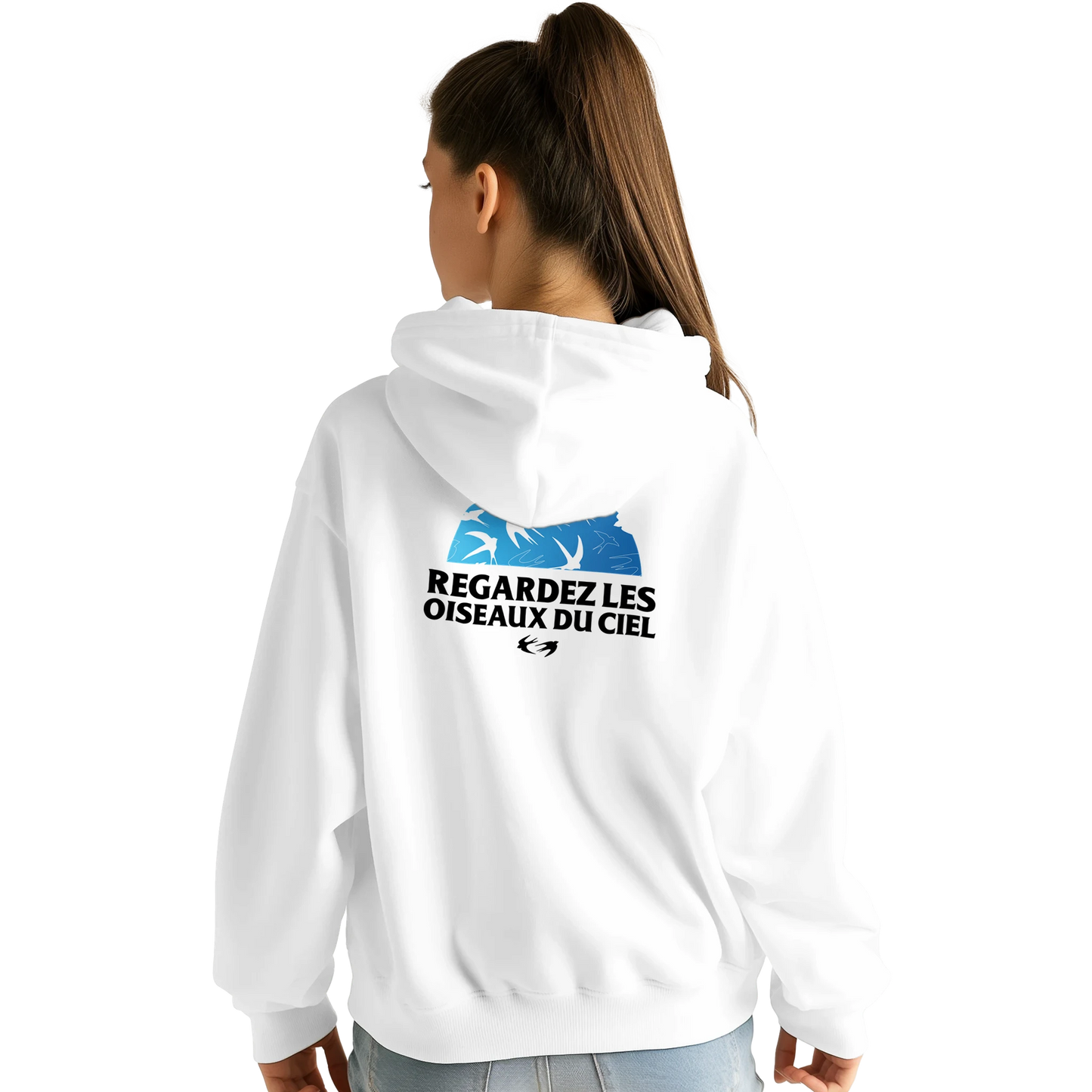 Sweat à capuche chrétien femme « Matthieu 6:26 » blanc dos