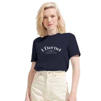 T-shirt chrétien femme en coton bio « Deutéronome 3:22 » bleu marine face