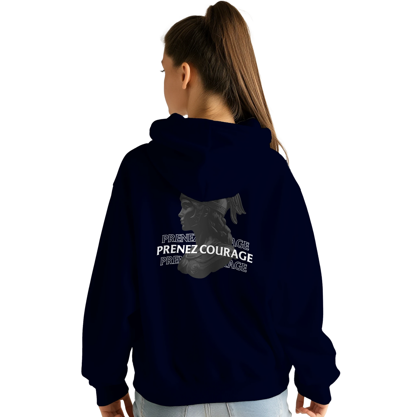 Sweat à capuche chrétien femme « Jean 16:33 » bleu marine dos