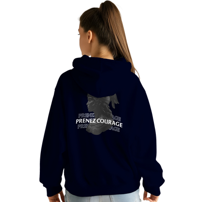 Sweat à capuche chrétien femme « Jean 16:33 » bleu marine dos