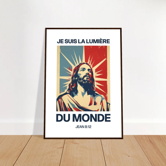 Poster chrétien premium encadré « Jean 8:12 » plan rapproché A1 cadre bois foncé