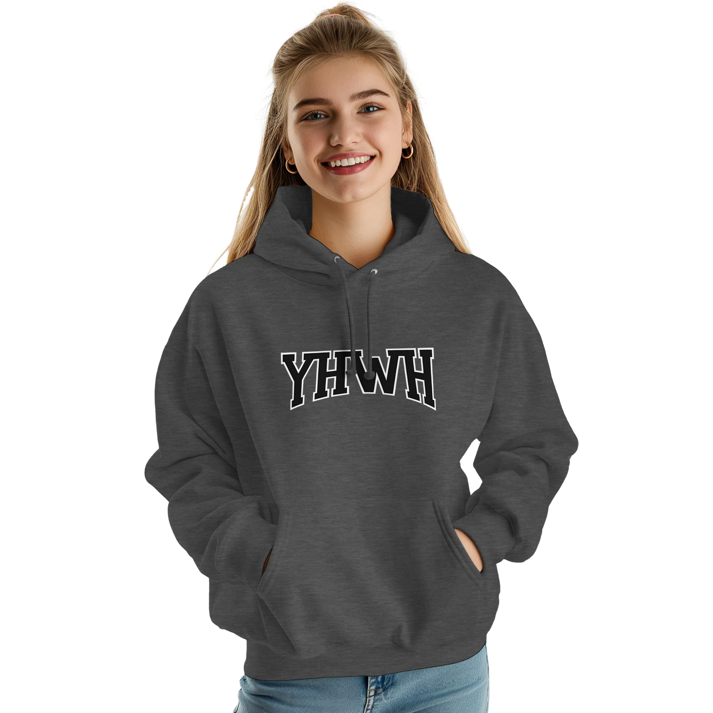 Sweat à capuche chrétien femme « YHWH » charbon face
