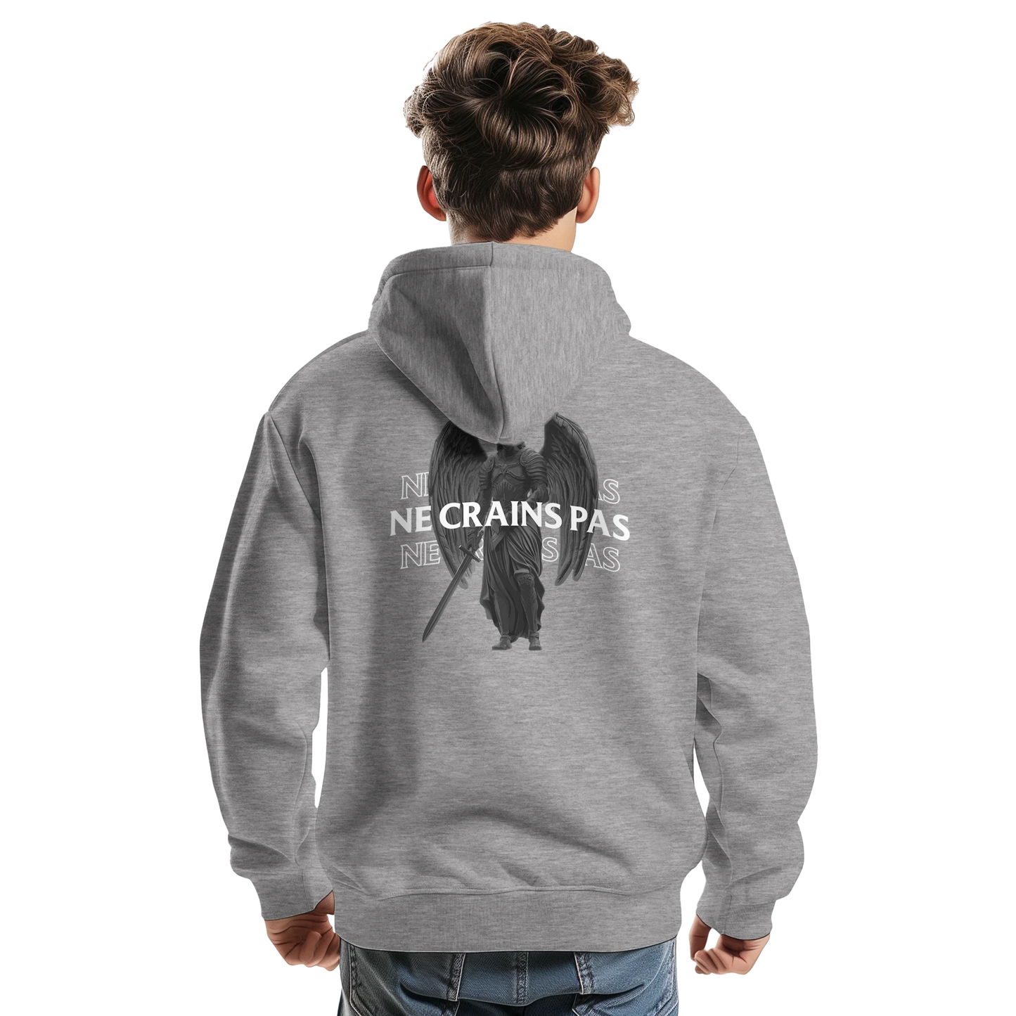 Sweat à capuche chrétien homme « Esaïe 41:10 » gris chiné dos