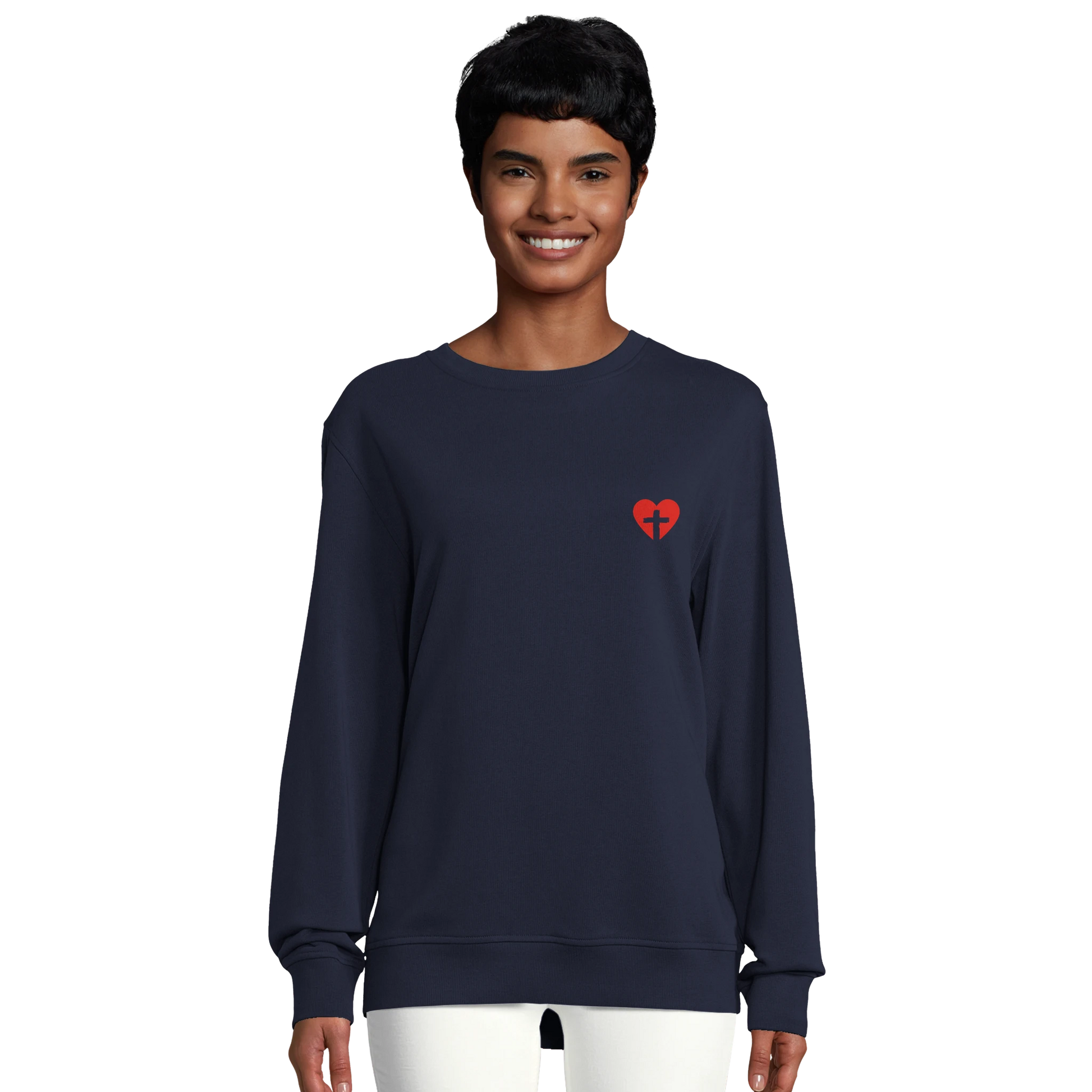 Sweat-shirt chrétien femme en coton bio « Sacré-Cœur » bleu marine face