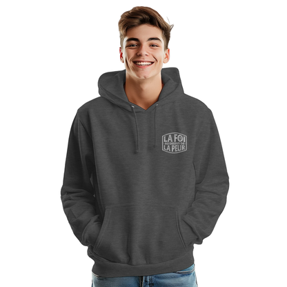 Sweat à capuche chrétien homme brodé « 2 Timothée 1:7 » charbon face