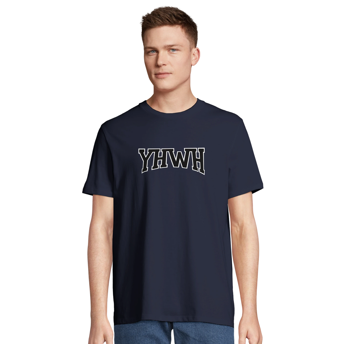 T-shirt chrétien homme en coton bio « YHWH » bleu marine face