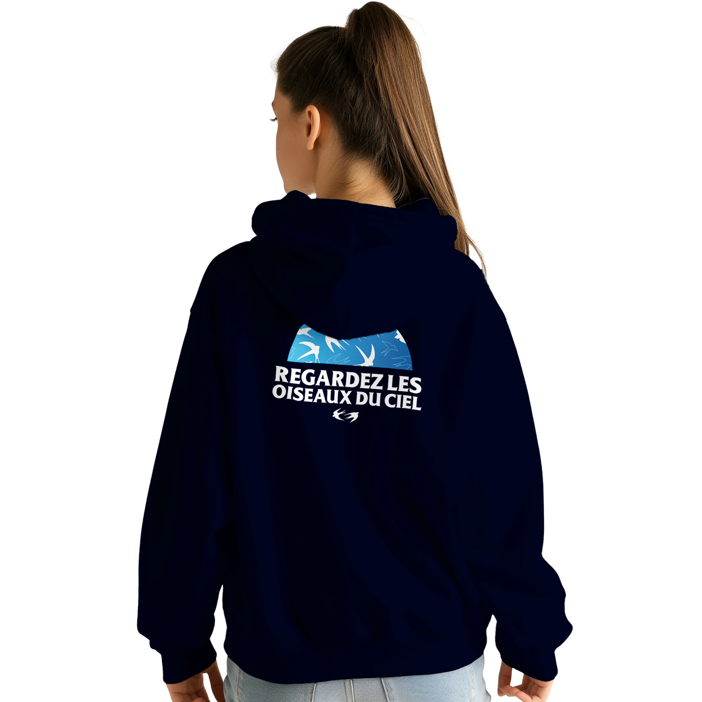 Sweat à capuche chrétien femme « Matthieu 6:26 » bleu marine dos