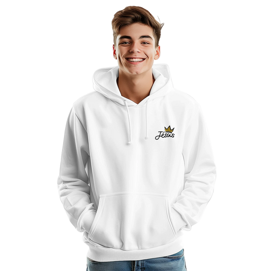 Sweat à capuche chrétien homme brodé « Jésus est Roi » blanc face