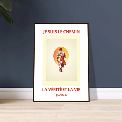 Poster chrétien premium encadré « Jean 14:6 » plan rapproché A1 cadre bois foncé