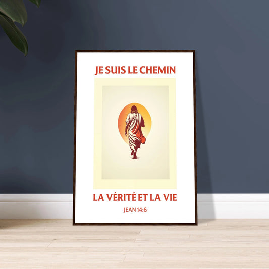 Poster chrétien premium encadré « Jean 14:6 » plan rapproché A1 cadre bois foncé