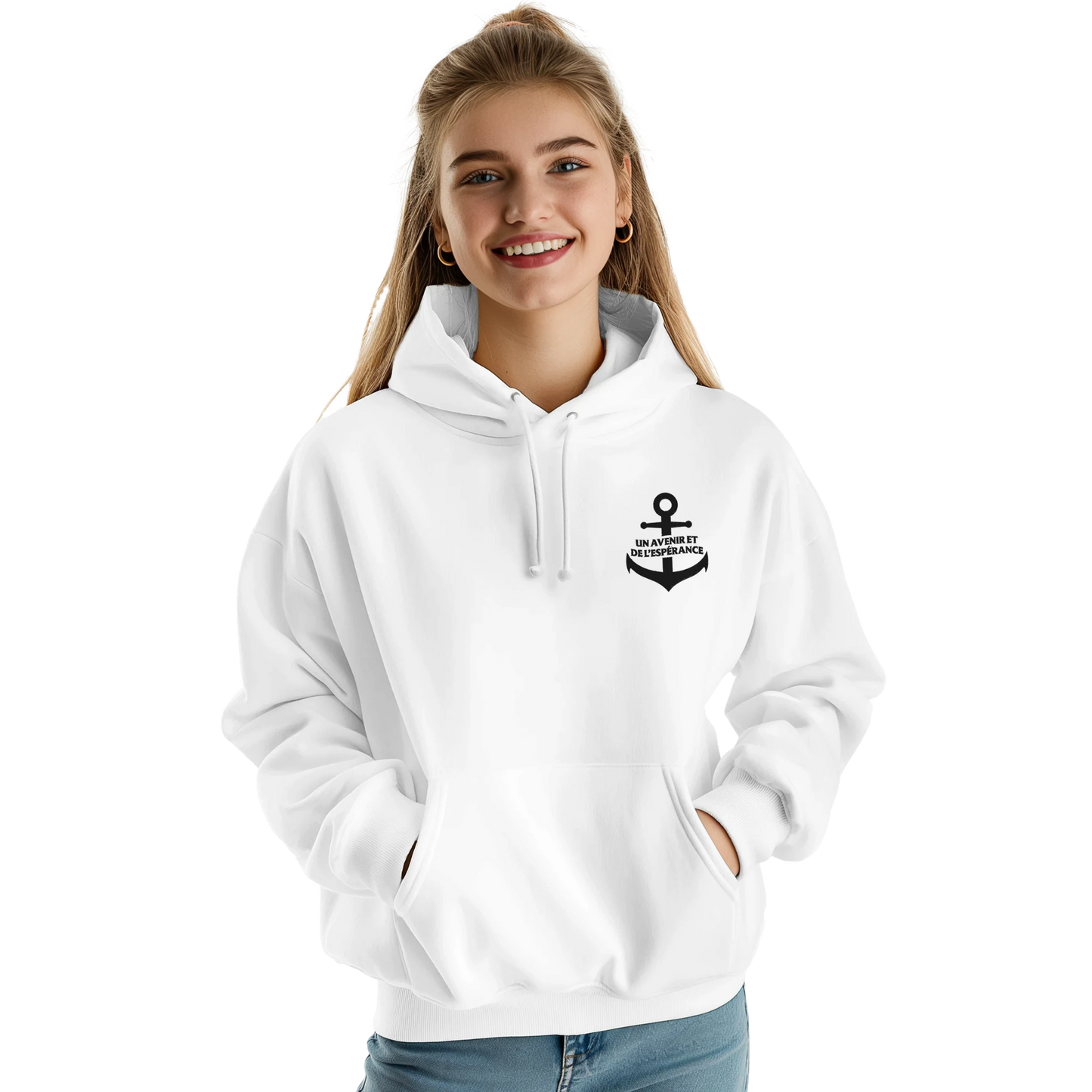 Sweat à capuche chrétien femme brodé « Jérémie 29:11 » blanc face