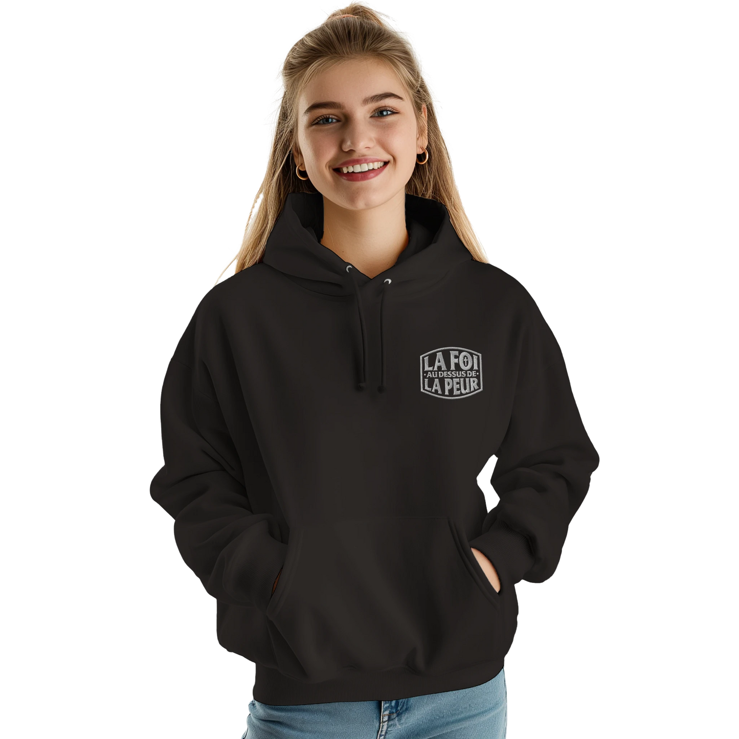 Sweat à capuche chrétien femme brodé « 2 Timothée 1:7 » noir face