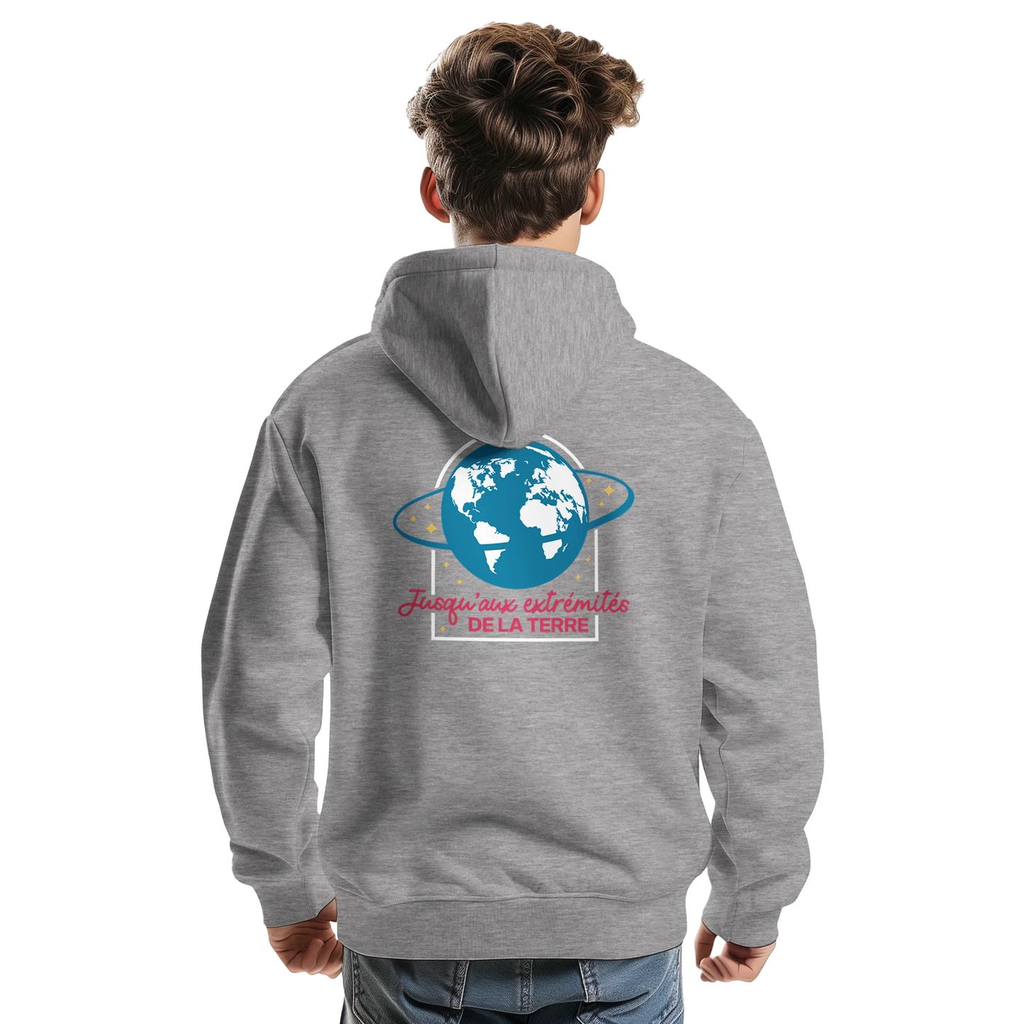 Sweat à capuche chrétien homme « Actes 1:8 » gris chiné dos