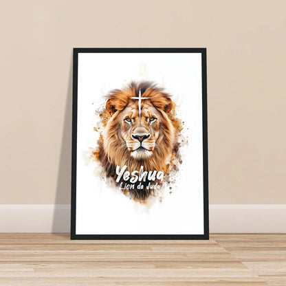 Poster chrétien premium encadré « Yeshua Lion de Juda » plan rapproché A3 cadre noir