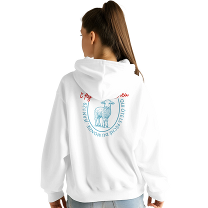 Sweat à capuche chrétien femme « Jean 1:29 » blanc dos