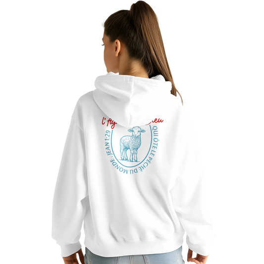 Sweat à capuche chrétien femme « Jean 1:29 » blanc dos