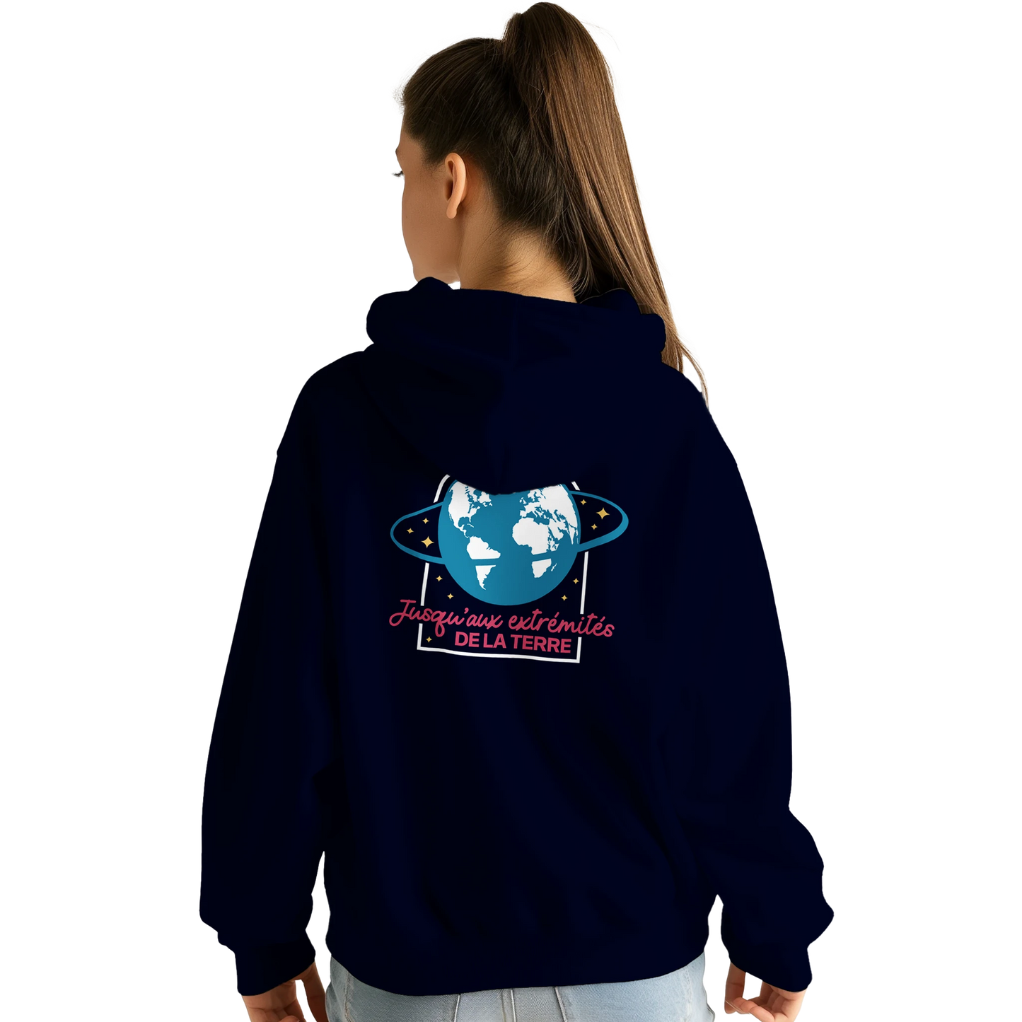 Sweat à capuche chrétien femme « Actes 1:8 » bleu marine dos