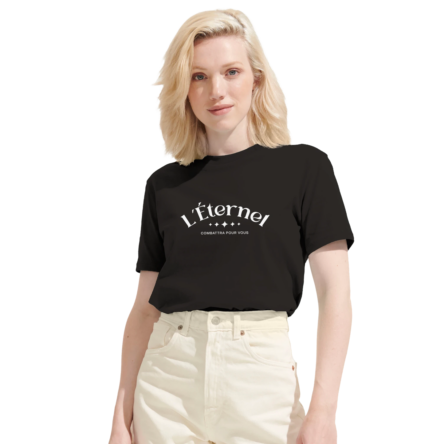 T-shirt chrétien femme en coton bio « Deutéronome 3:22 » noir face