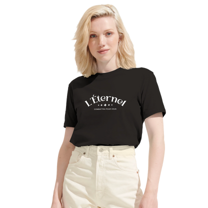 T-shirt chrétien femme en coton bio « Deutéronome 3:22 » noir face